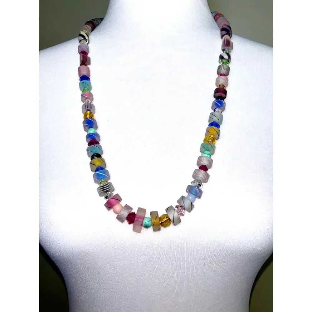 Vintage Artisan Multicolor Furnace Art Smoked Glass Beaded Necklace